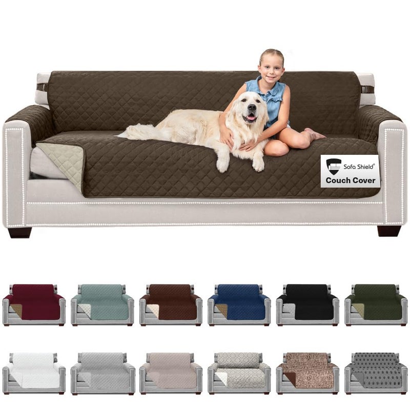 Sofa Shield Couch Slip Cover with Patented Strap, Cushion Protector, US Designed Reversible Stain and Dog Tear Resistant Slipcover, 78 inch Seat, Washable Covers for Dogs Pets, Chocolate Beige - Image 1